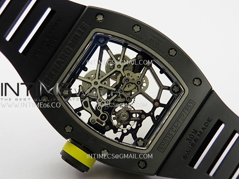 RM035 AMERICAS MANUAL CARBON BLACK CERAMIC ZF 1:1 BEST EDITION SKELETON DIAL ON BLACK RUBBER STRAP SUPER CLONE RMUL1
