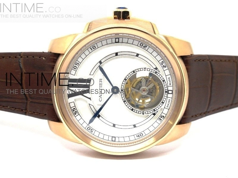 Calibre de RG Tourbillon White Dial on Brown Leather Strap