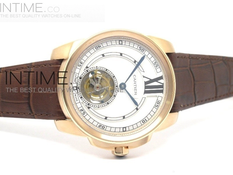 Calibre de RG Tourbillon White Dial on Brown Leather Strap