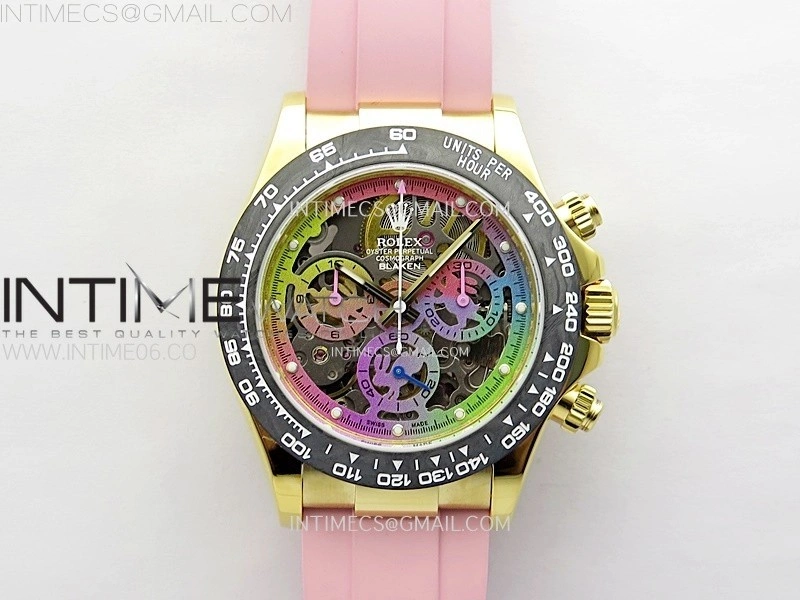 Daytona PVD Carbon Bezel YG GETF Best Blaken Skeleton Color Dial on Pink Rubber Strap SA4130