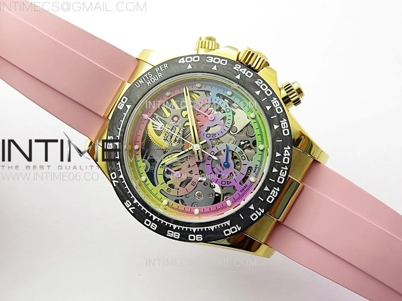 Daytona PVD Carbon Bezel YG GETF Best Blaken Skeleton Color Dial on Pink Rubber Strap SA4130