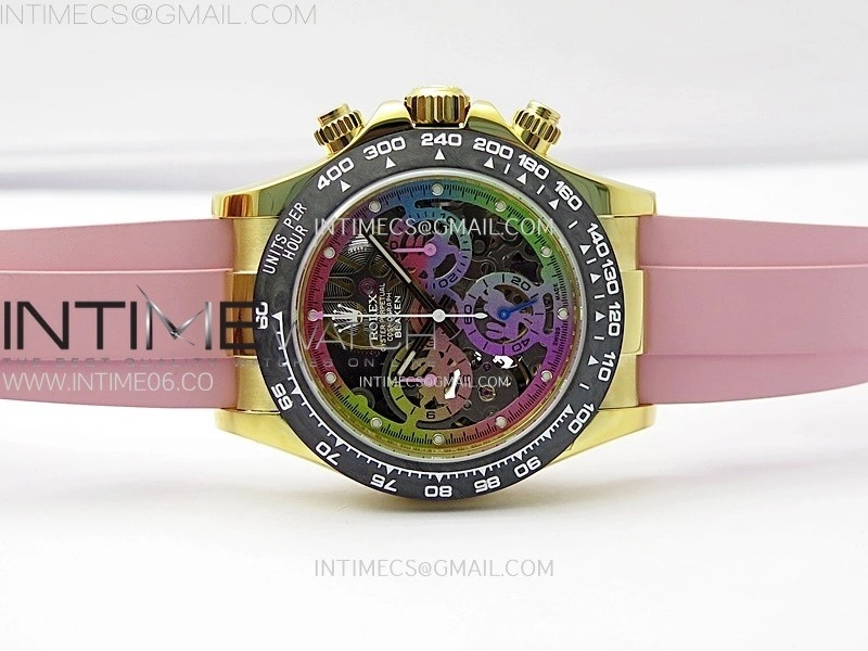 Daytona PVD Carbon Bezel YG GETF Best Blaken Skeleton Color Dial on Pink Rubber Strap SA4130