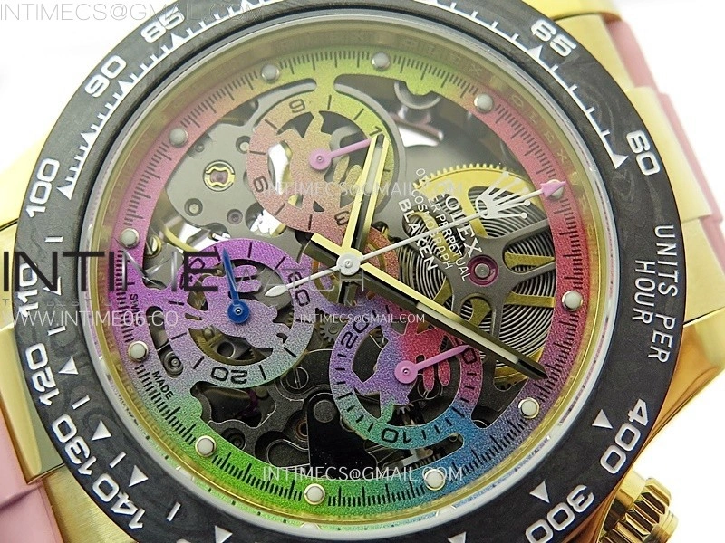 Daytona PVD Carbon Bezel YG GETF Best Blaken Skeleton Color Dial on Pink Rubber Strap SA4130