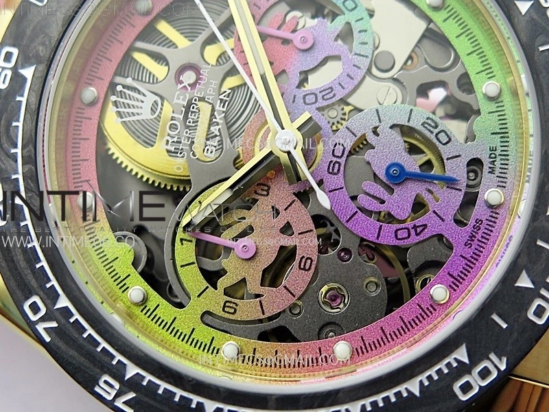 Daytona PVD Carbon Bezel YG GETF Best Blaken Skeleton Color Dial on Pink Rubber Strap SA4130