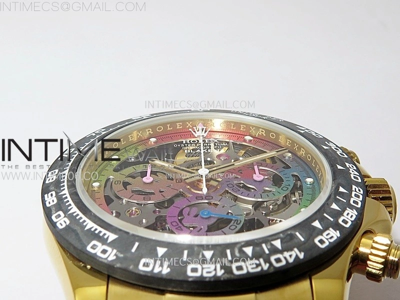 Daytona PVD Carbon Bezel YG GETF Best Blaken Skeleton Color Dial on Pink Rubber Strap SA4130