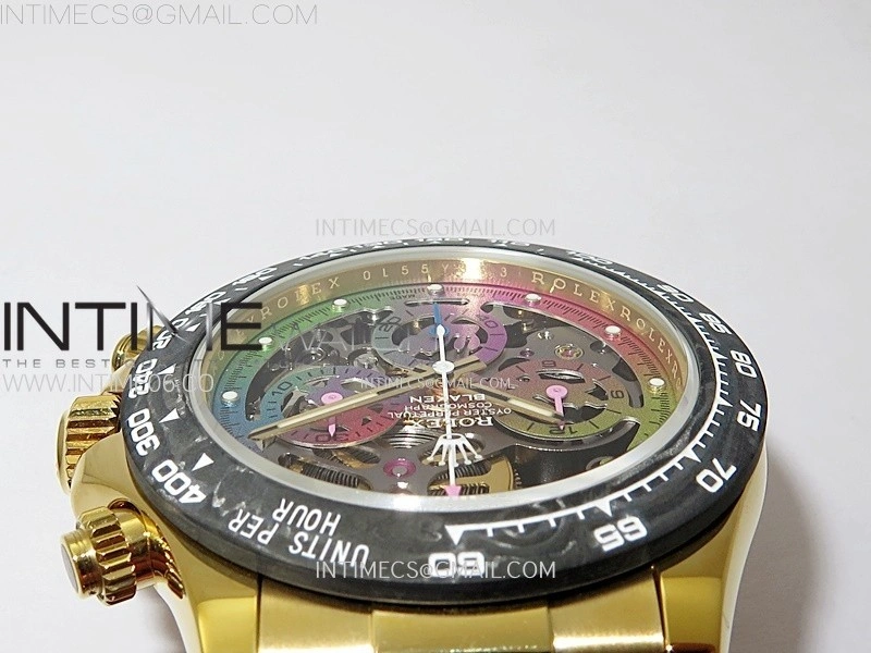 Daytona PVD Carbon Bezel YG GETF Best Blaken Skeleton Color Dial on Pink Rubber Strap SA4130