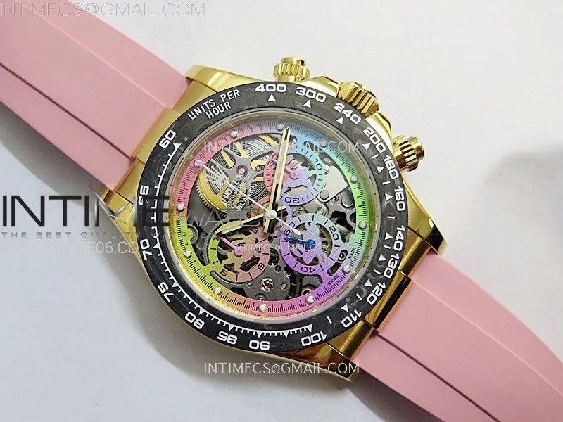 Daytona PVD Carbon Bezel YG GETF Best Blaken Skeleton Color Dial on Pink Rubber Strap SA4130