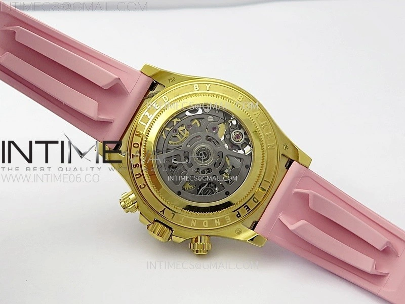 Daytona PVD Carbon Bezel YG GETF Best Blaken Skeleton Color Dial on Pink Rubber Strap SA4130