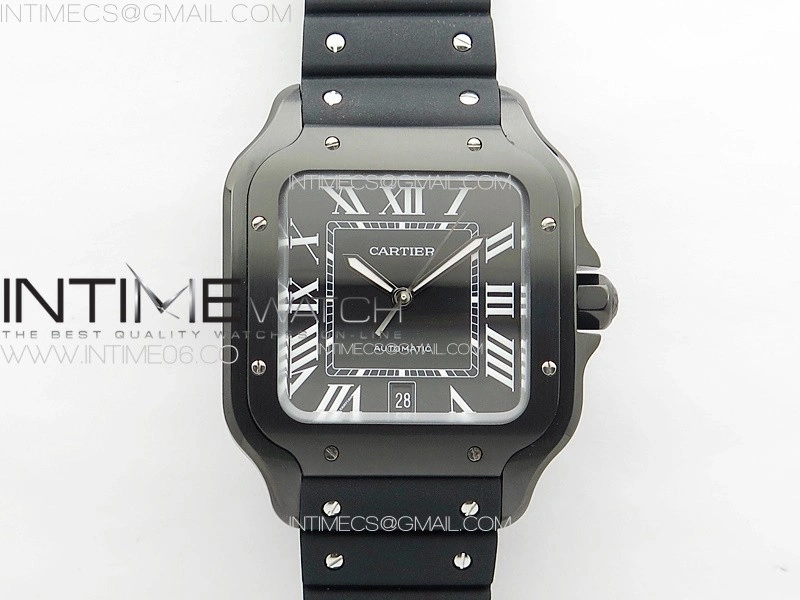 Santos de Cartier 40mm DLC GF 1:1 Best Edition Black Dial on Black Rubber Strap MIYOTA 9015