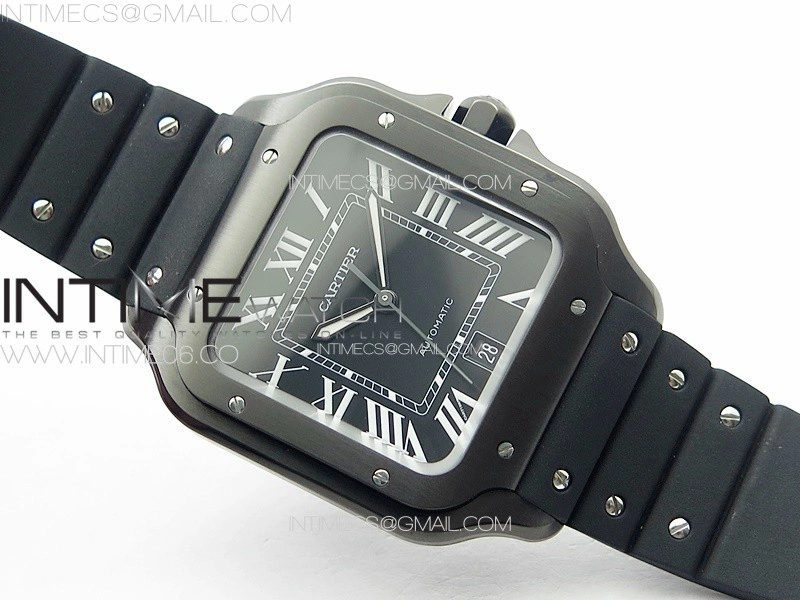 Santos de Cartier 40mm DLC GF 1:1 Best Edition Black Dial on Black Rubber Strap MIYOTA 9015