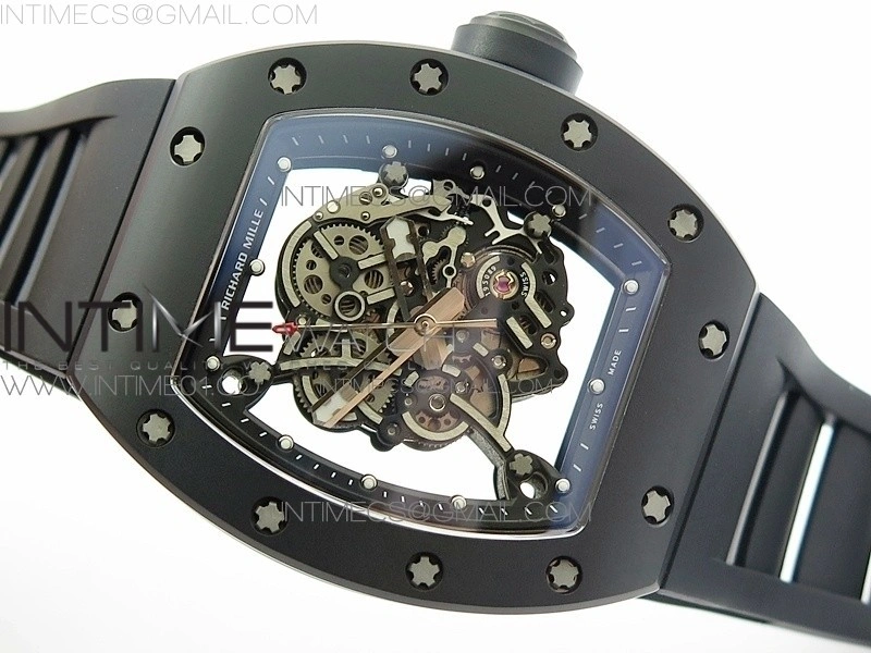 RM055 Real Ceramic Case KVF Best Edition Skeleton Dial Black Crown on Black Rubber Strap MIYOTA8215