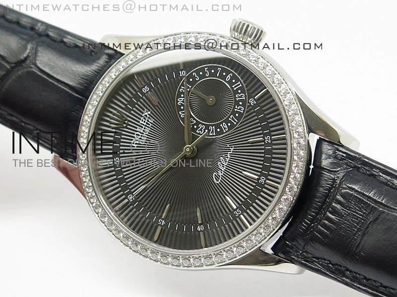 Cellini Date BP Maker SS Diam Bezel Black Dial on Black Leather Strap