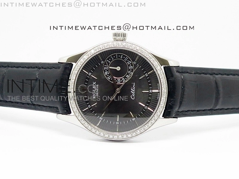 Cellini Date BP Maker SS Diam Bezel Black Dial on Black Leather Strap