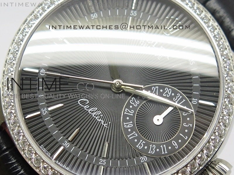 Cellini Date BP Maker SS Diam Bezel Black Dial on Black Leather Strap
