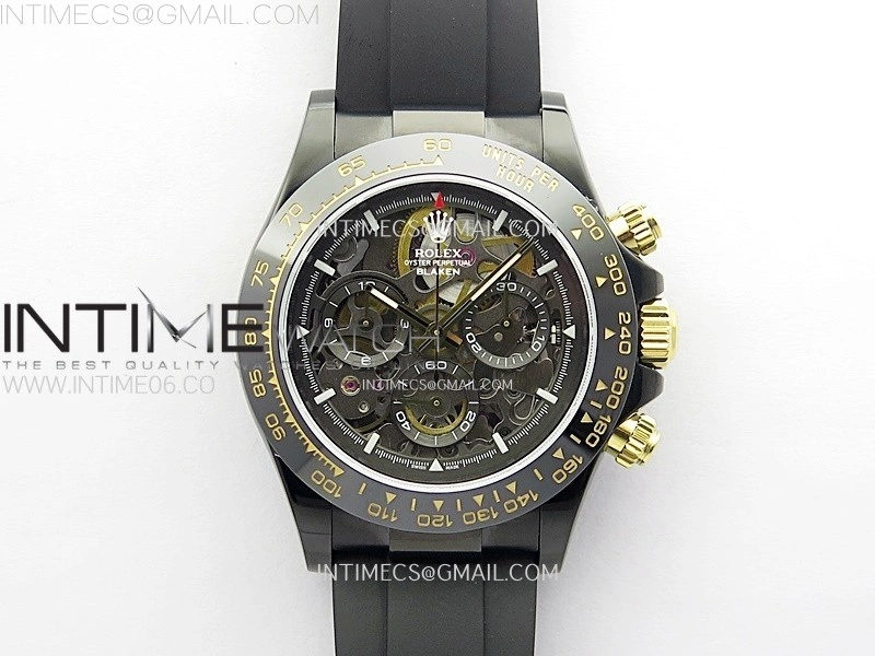 Daytona PVD Ceramic Bezel GETF Best Edition Skeleton Black Dial on Black Rubber Strap SA4130