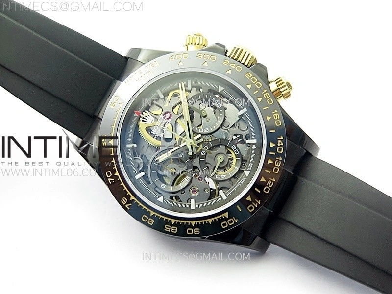 Daytona PVD Ceramic Bezel GETF Best Edition Skeleton Black Dial on Black Rubber Strap SA4130