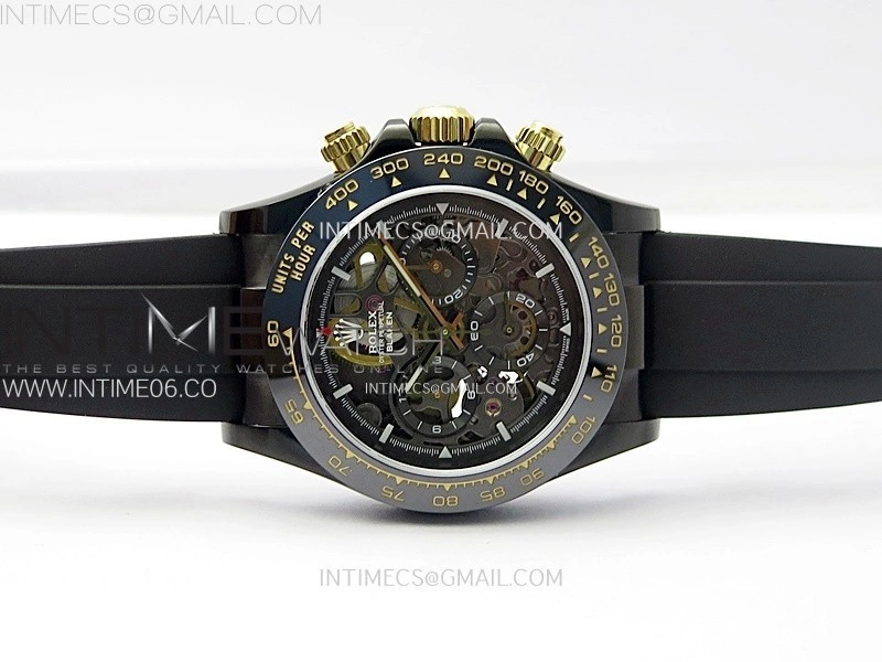 Daytona PVD Ceramic Bezel GETF Best Edition Skeleton Black Dial on Black Rubber Strap SA4130