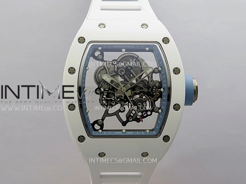 RM055 White Ceramic Blue Inner Bezel DF Best Edition On White Rubber Strap RMUL2 Super Clone