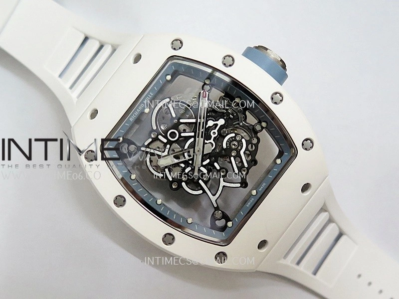 RM055 White Ceramic Blue Inner Bezel DF Best Edition On White Rubber Strap RMUL2 Super Clone
