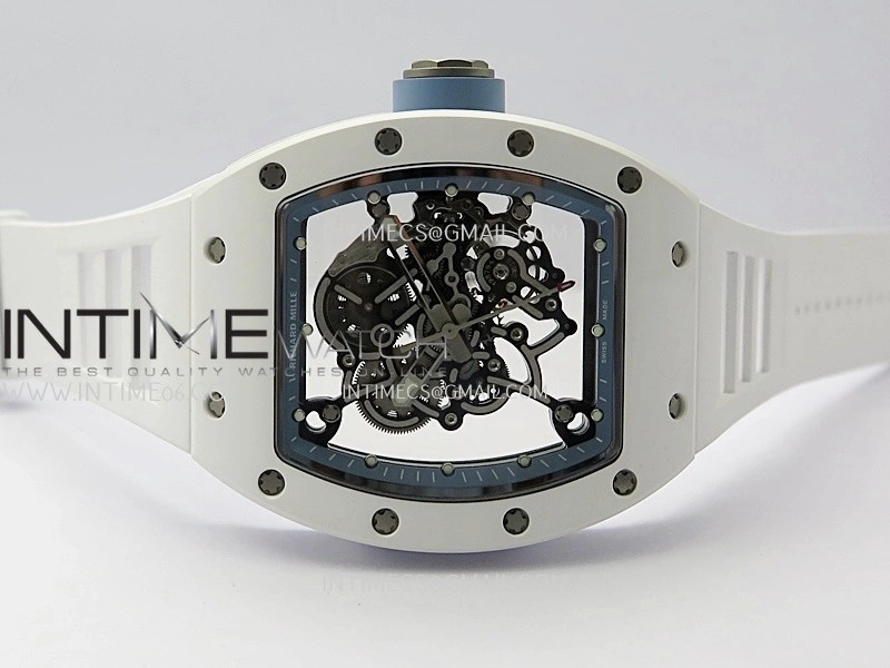 RM055 White Ceramic Blue Inner Bezel DF Best Edition On White Rubber Strap RMUL2 Super Clone