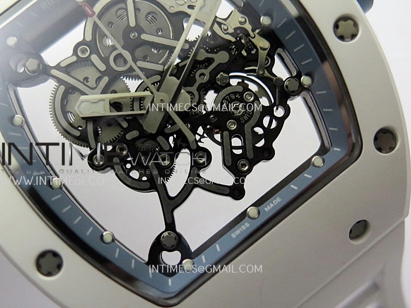RM055 White Ceramic Blue Inner Bezel DF Best Edition On White Rubber Strap RMUL2 Super Clone