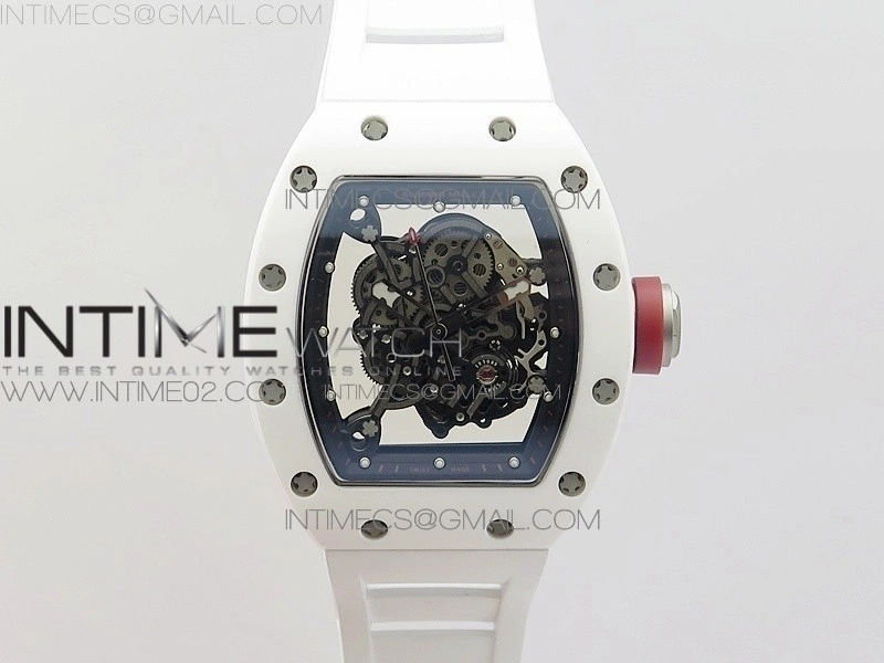 RM055 Real White Ceramic Case KVF Best Edition Skeleton Dial Red on White Rubber Strap MIYOTA8215