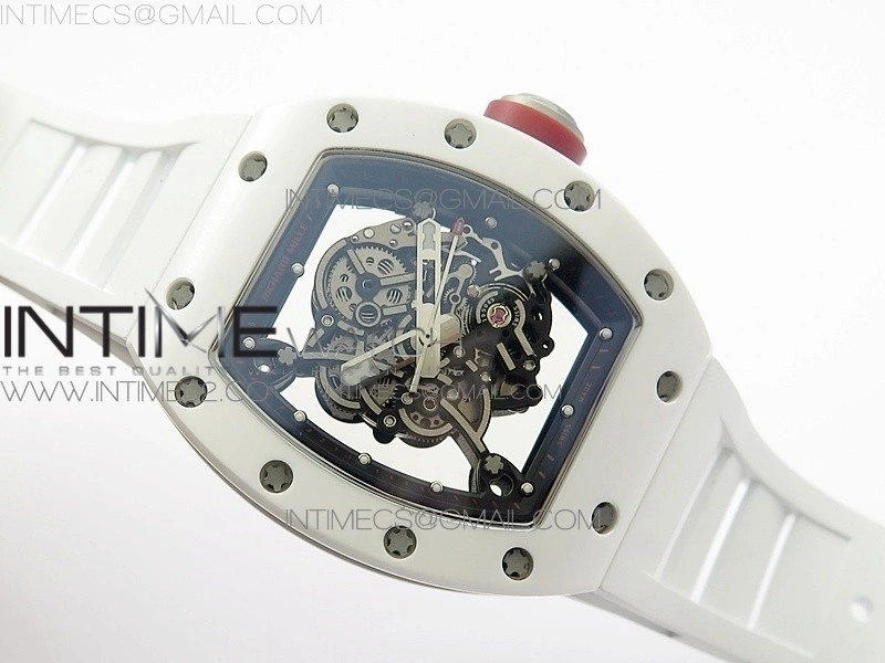 RM055 Real White Ceramic Case KVF Best Edition Skeleton Dial Red on White Rubber Strap MIYOTA8215