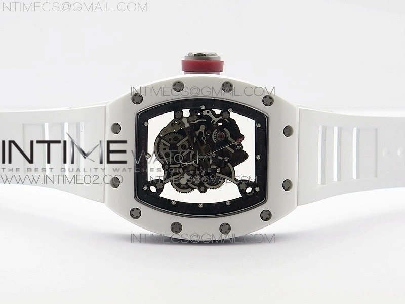 RM055 Real White Ceramic Case KVF Best Edition Skeleton Dial Red on White Rubber Strap MIYOTA8215