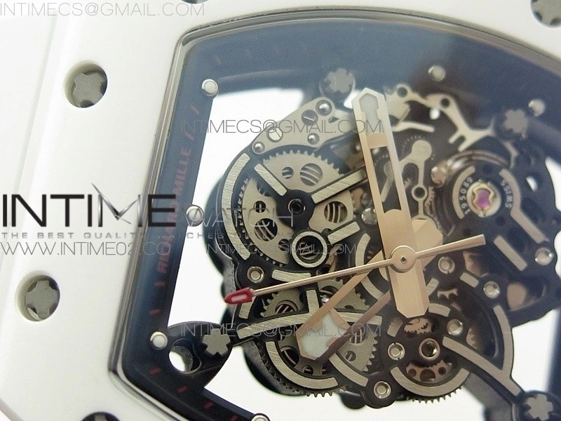 RM055 Real White Ceramic Case KVF Best Edition Skeleton Dial Red on White Rubber Strap MIYOTA8215