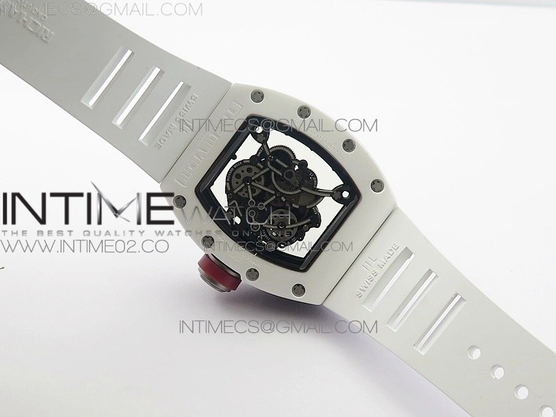 RM055 Real White Ceramic Case KVF Best Edition Skeleton Dial Red on White Rubber Strap MIYOTA8215
