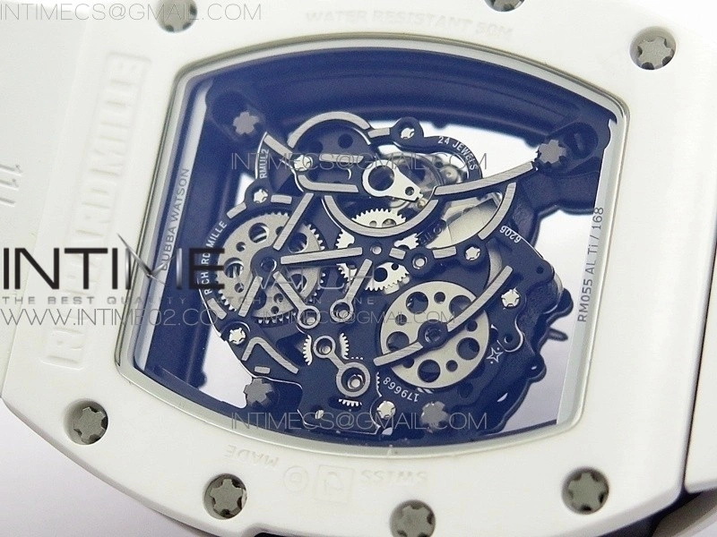 RM055 Real White Ceramic Case KVF Best Edition Skeleton Dial Red on White Rubber Strap MIYOTA8215