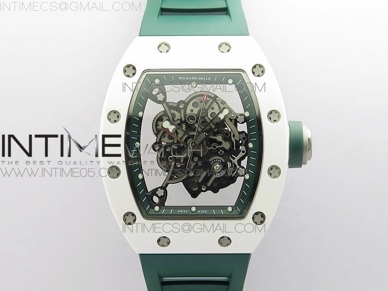 RM055 White Ceramic KVF Best Edition Skeleton Dial White on Green Rubber Strap MIYOTA8215 V3