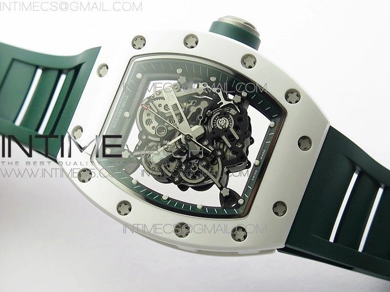 RM055 White Ceramic KVF Best Edition Skeleton Dial White on Green Rubber Strap MIYOTA8215 V3