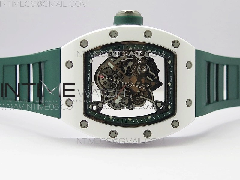 RM055 White Ceramic KVF Best Edition Skeleton Dial White on Green Rubber Strap MIYOTA8215 V3
