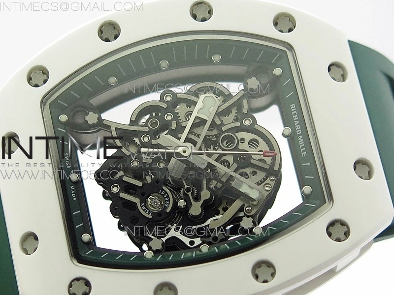 RM055 White Ceramic KVF Best Edition Skeleton Dial White on Green Rubber Strap MIYOTA8215 V3