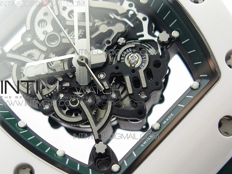 RM055 White Ceramic KVF Best Edition Skeleton Dial White on Green Rubber Strap MIYOTA8215 V3