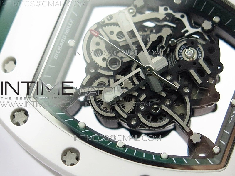 RM055 White Ceramic KVF Best Edition Skeleton Dial White on Green Rubber Strap MIYOTA8215 V3