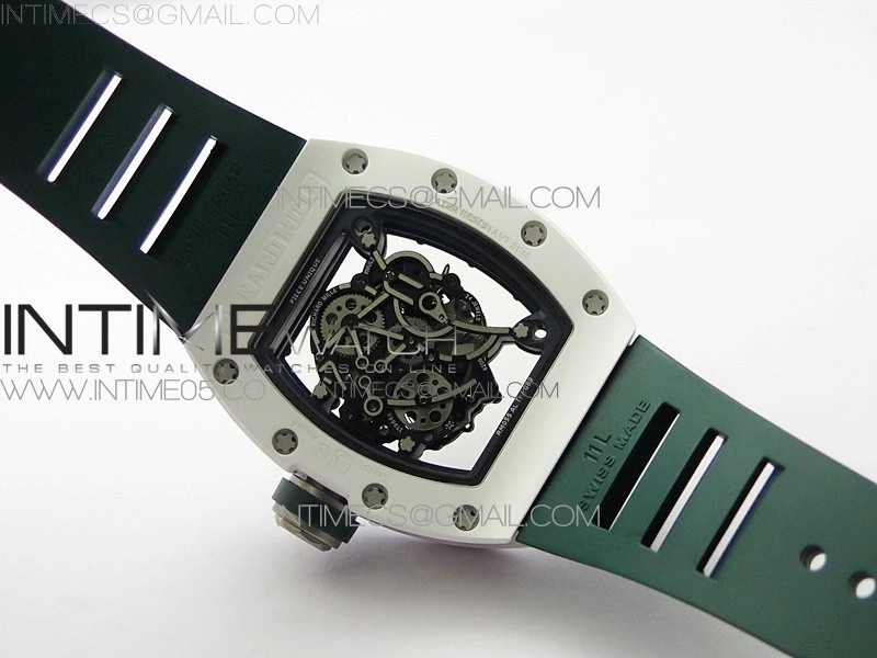 RM055 White Ceramic KVF Best Edition Skeleton Dial White on Green Rubber Strap MIYOTA8215 V3