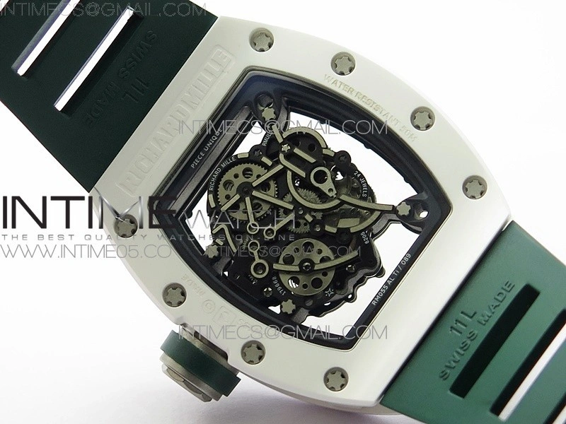 RM055 White Ceramic KVF Best Edition Skeleton Dial White on Green Rubber Strap MIYOTA8215 V3