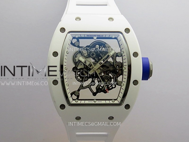 RM055 White Inner Bezel White Ceramic RF 1:1 Best Edition Skeleton Dial On White Rubber Strap RMUL2 Super Clone