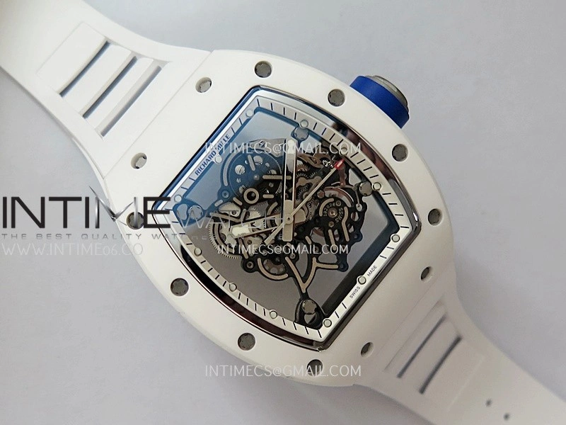 RM055 White Inner Bezel White Ceramic RF 1:1 Best Edition Skeleton Dial On White Rubber Strap RMUL2 Super Clone