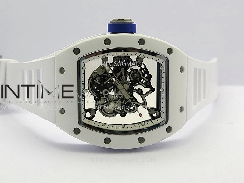 RM055 White Inner Bezel White Ceramic RF 1:1 Best Edition Skeleton Dial On White Rubber Strap RMUL2 Super Clone