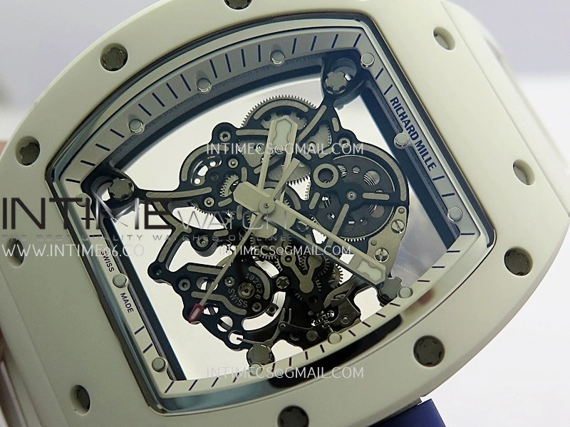 RM055 White Inner Bezel White Ceramic RF 1:1 Best Edition Skeleton Dial On White Rubber Strap RMUL2 Super Clone