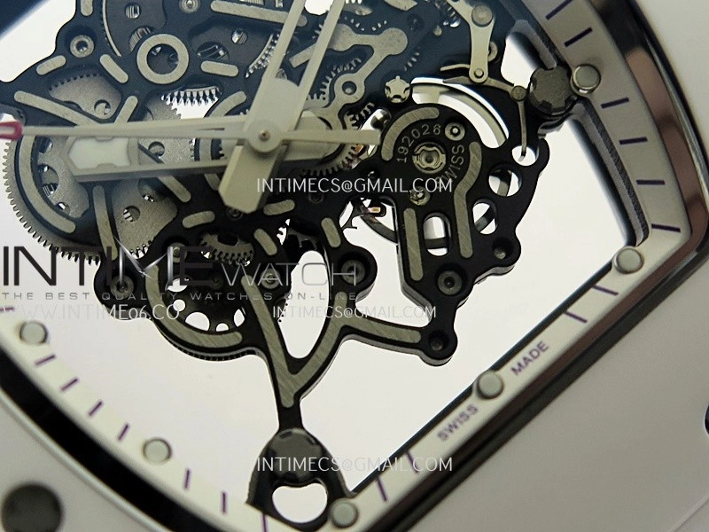 RM055 White Inner Bezel White Ceramic RF 1:1 Best Edition Skeleton Dial On White Rubber Strap RMUL2 Super Clone