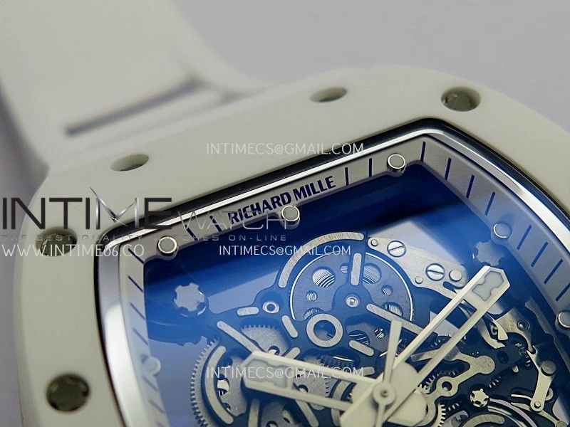 RM055 White Inner Bezel White Ceramic RF 1:1 Best Edition Skeleton Dial On White Rubber Strap RMUL2 Super Clone