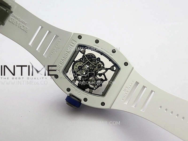 RM055 White Inner Bezel White Ceramic RF 1:1 Best Edition Skeleton Dial On White Rubber Strap RMUL2 Super Clone