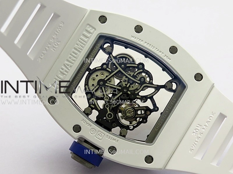 RM055 White Inner Bezel White Ceramic RF 1:1 Best Edition Skeleton Dial On White Rubber Strap RMUL2 Super Clone