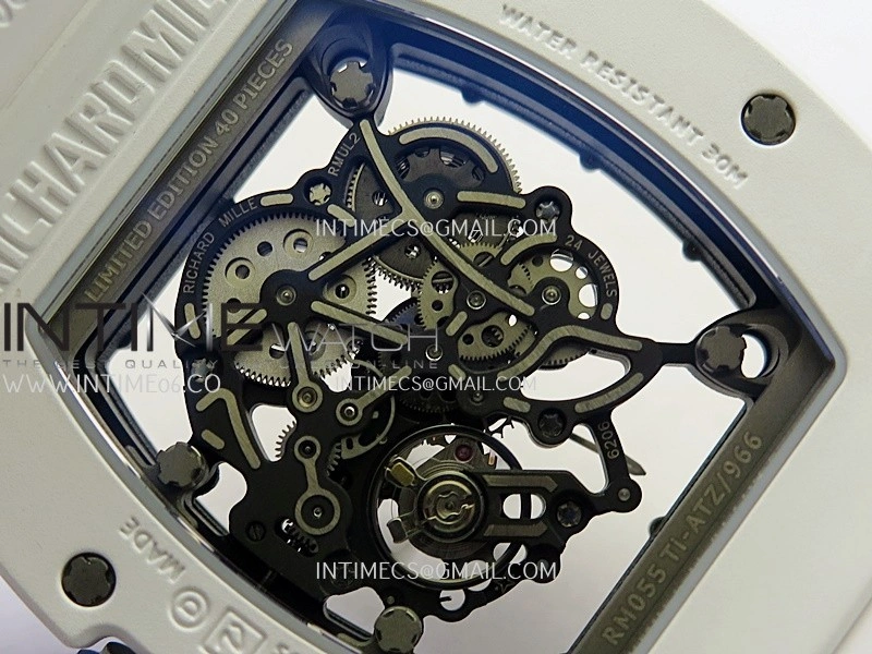 RM055 White Inner Bezel White Ceramic RF 1:1 Best Edition Skeleton Dial On White Rubber Strap RMUL2 Super Clone