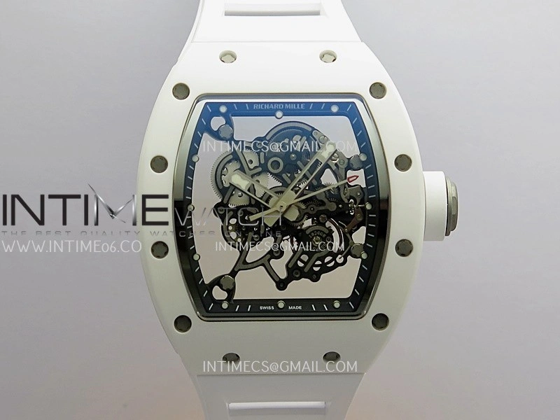 RM055 Black Inner Bezel White Ceramic RF 1:1 Best Edition Skeleton Dial On White Rubber Strap RMUL2 Super Clone