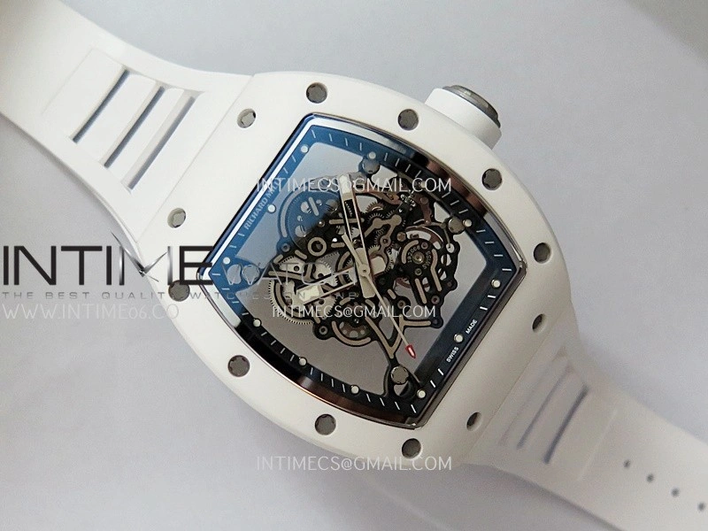 RM055 Black Inner Bezel White Ceramic RF 1:1 Best Edition Skeleton Dial On White Rubber Strap RMUL2 Super Clone